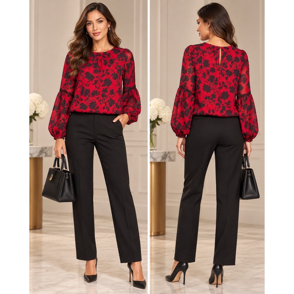 Tommy Hilfiger Red Black Floral Bishop Sleeve Bubble Hem Blouse Small